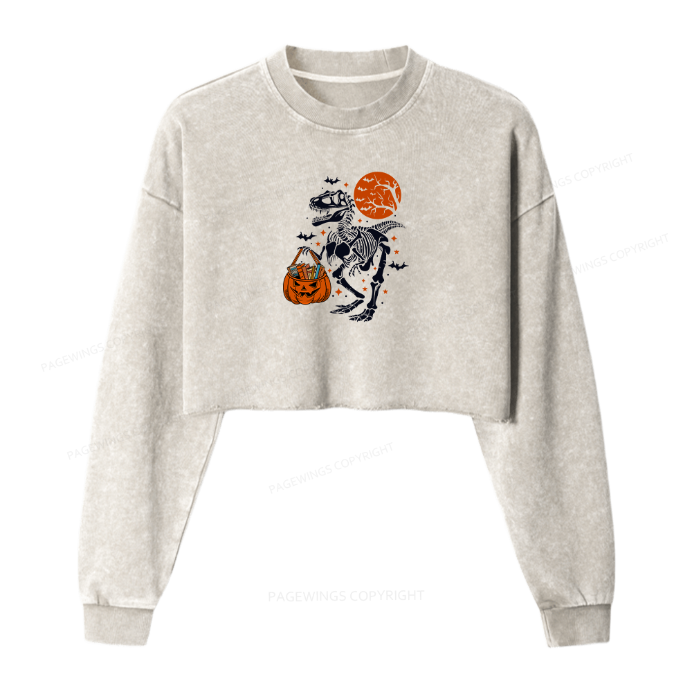 Pagewings Dinosaur Halloween Women Washed Crop Sweatshirt