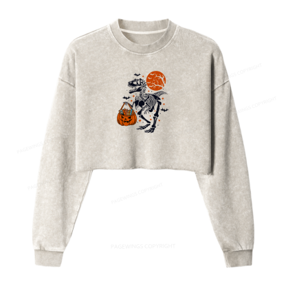 Pagewings Dinosaur Halloween Women Washed Crop Sweatshirt