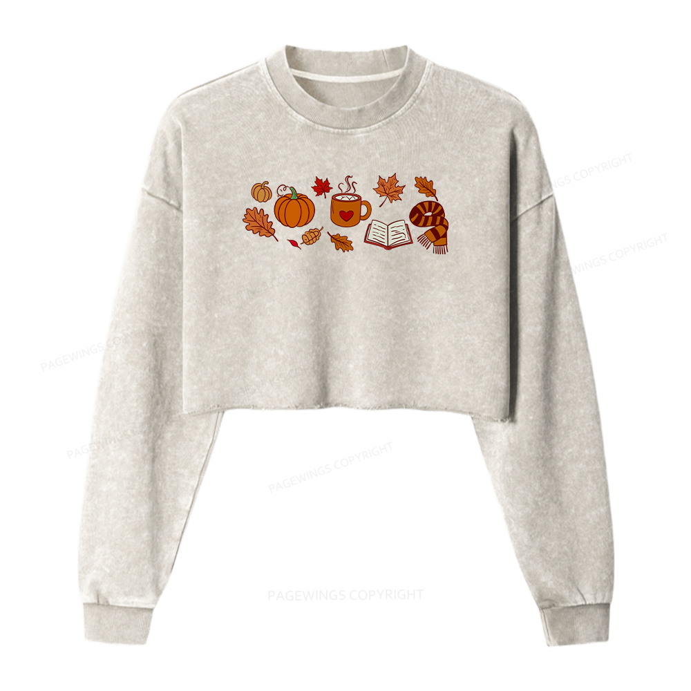 Pagewings Cozy Autumn With Books Women Washed Crop Sweatshirt