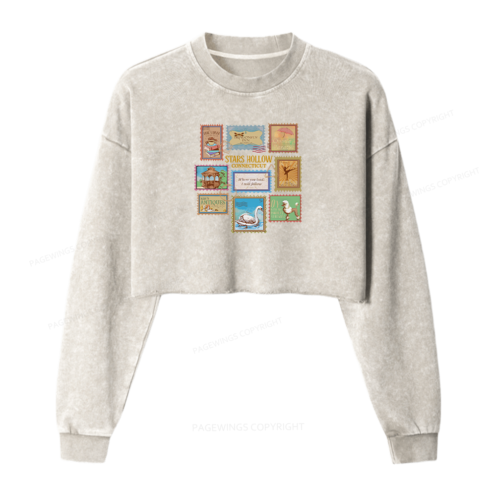 Pagewings Stars Hollow Stamps Women Washed Crop Sweatshirt