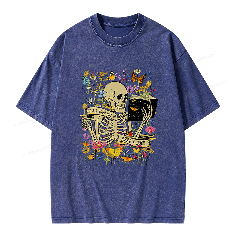 Pagewings Skull Skeleton Reading Book Unisex Washed T-shirt