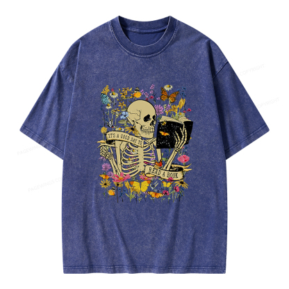 Pagewings Skull Skeleton Reading Book Unisex Washed T-shirt