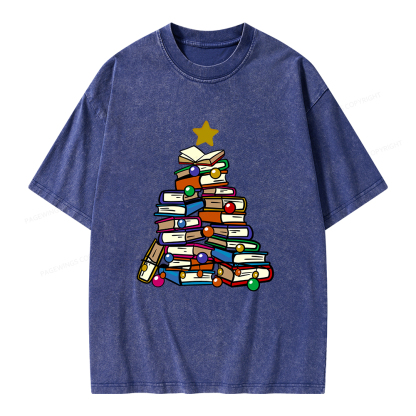 Pagewings Christmas Tree Bookworm Unisex Washed T-shirt
