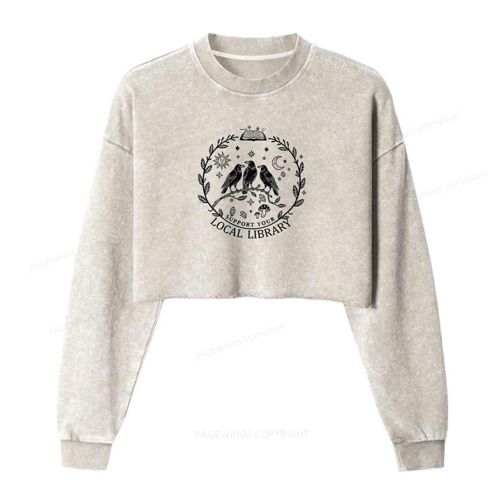 Pagewings Support Your Local Library Women Washed Crop Sweatshirt
