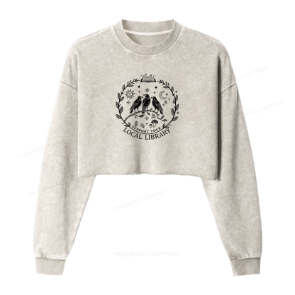 Pagewings Support Your Local Library Women Washed Crop Sweatshirt