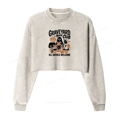 Pagewings Graveyard Book Club Women Washed Crop Sweatshirt