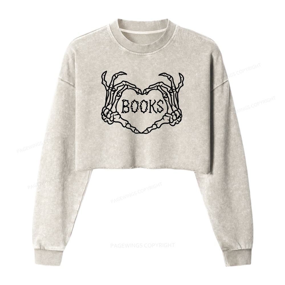 Pagewings Spooky Books Women Washed Crop Sweatshirt
