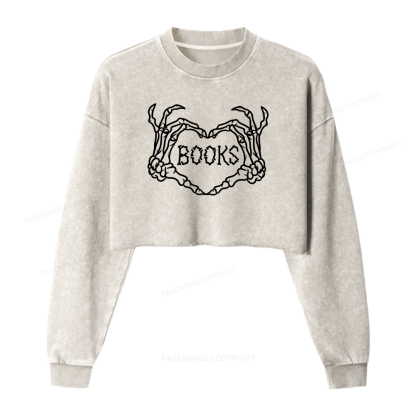 Pagewings Spooky Books Women Washed Crop Sweatshirt
