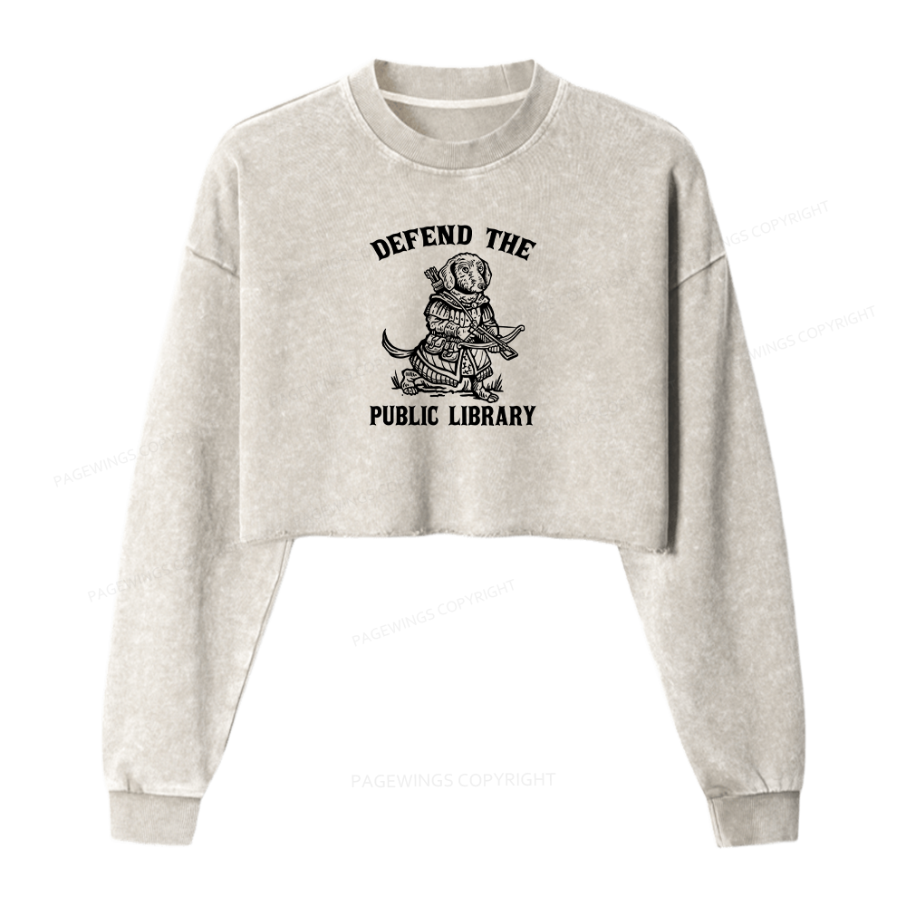 Pagewings Defend The Public Library Women Washed Crop Sweatshirt