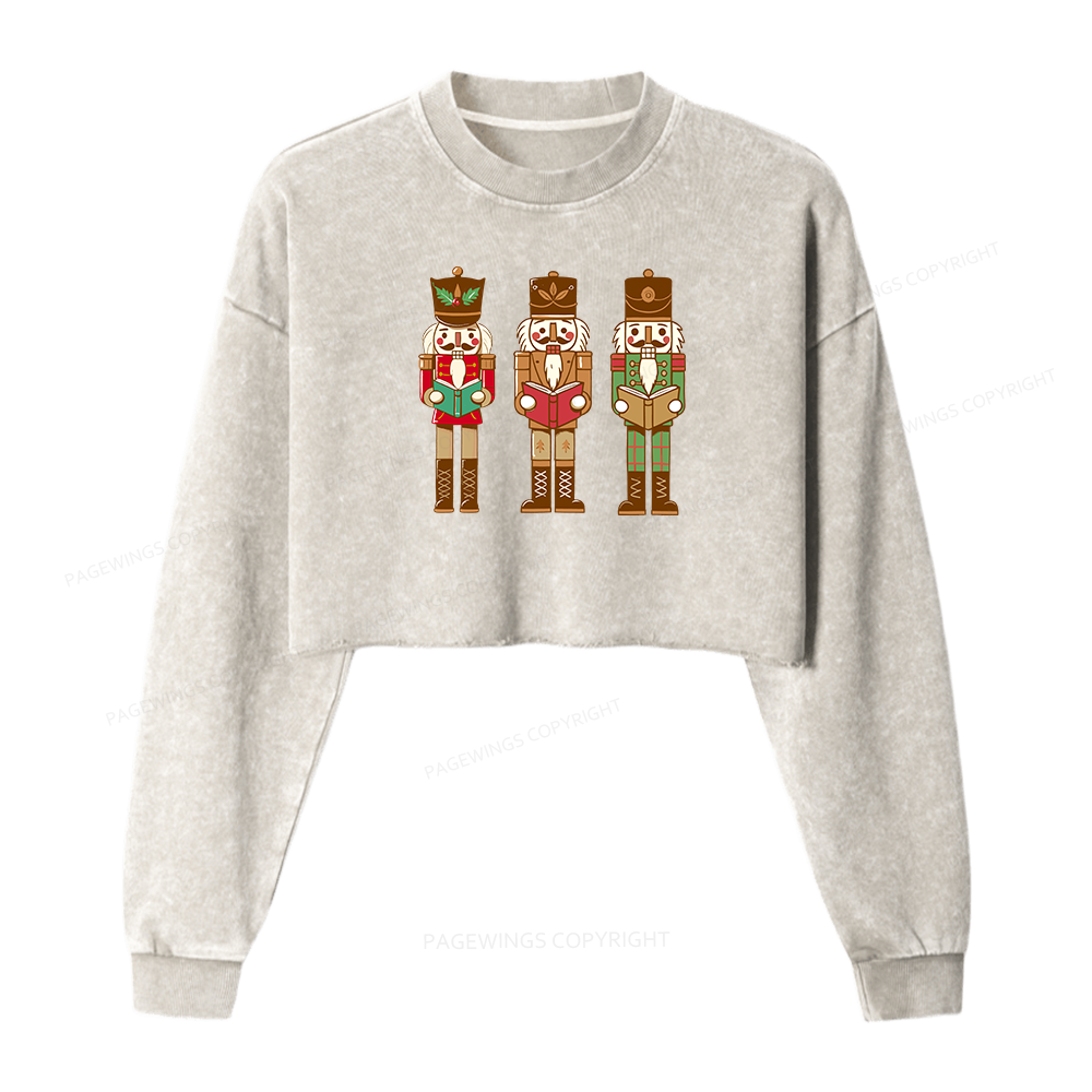 Pagewings Christmas Nutcracker Reading Books Women Washed Crop Sweatshirt