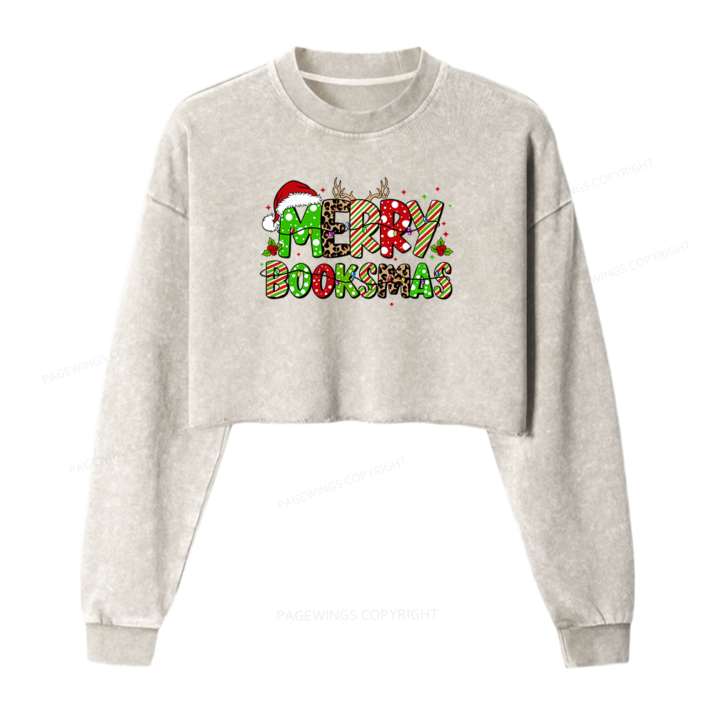 Pagewings Merry Booksmas Women Washed Crop Sweatshirt