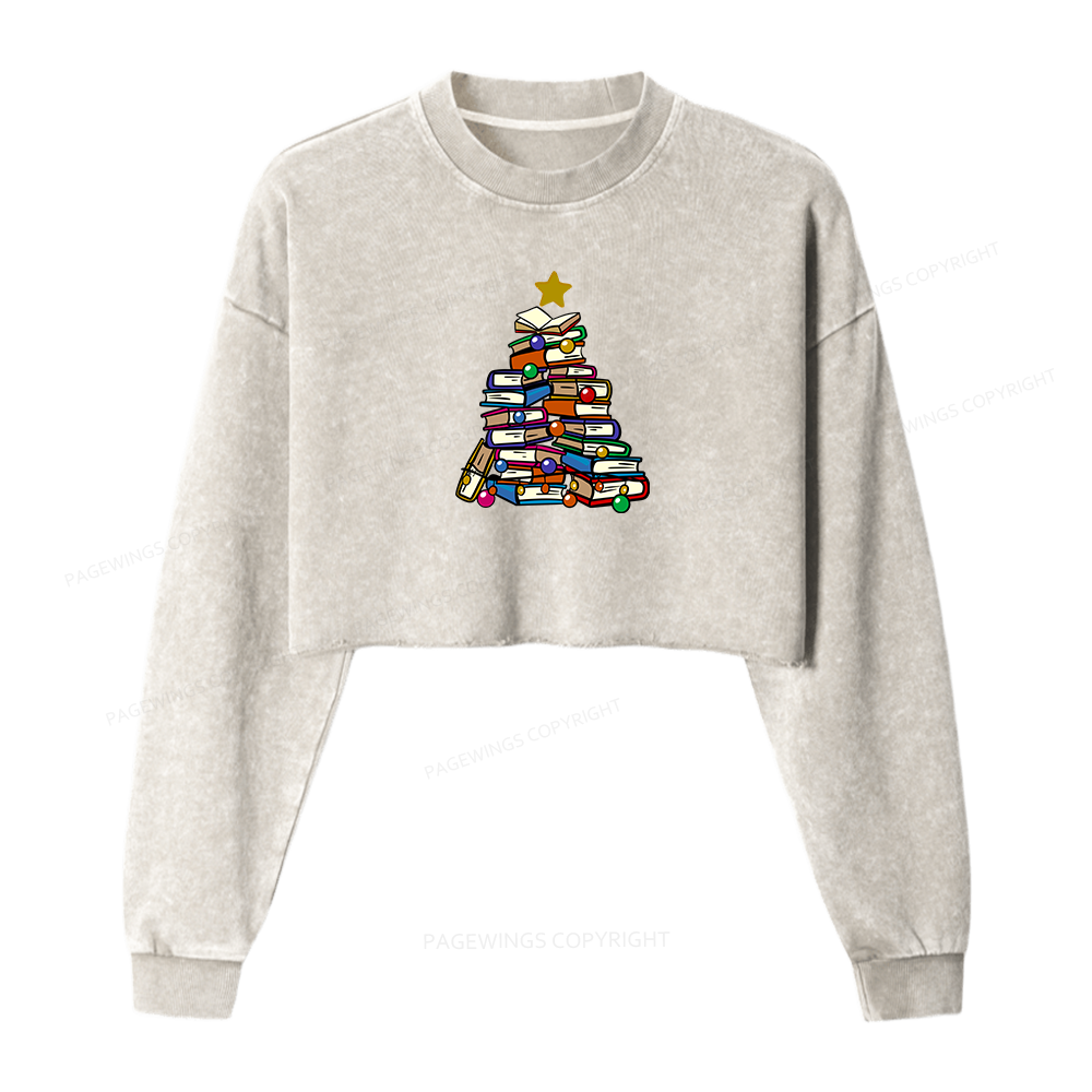 Pagewings Christmas Tree Bookworm Women Washed Crop Sweatshirt