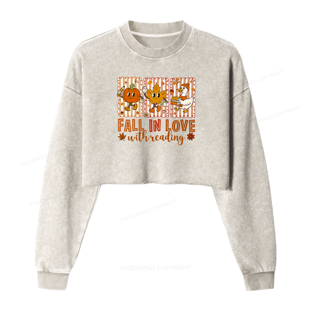 Pagewings Fall In Love With Reading Women Washed Crop Sweatshirt