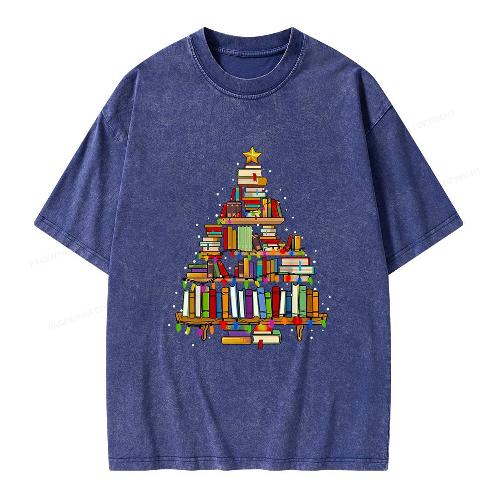Pagewings Christmas Books Tree Unisex Washed T-shirt