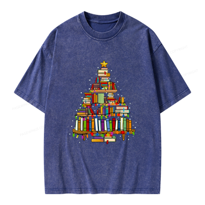 Pagewings Christmas Books Tree Unisex Washed T-shirt