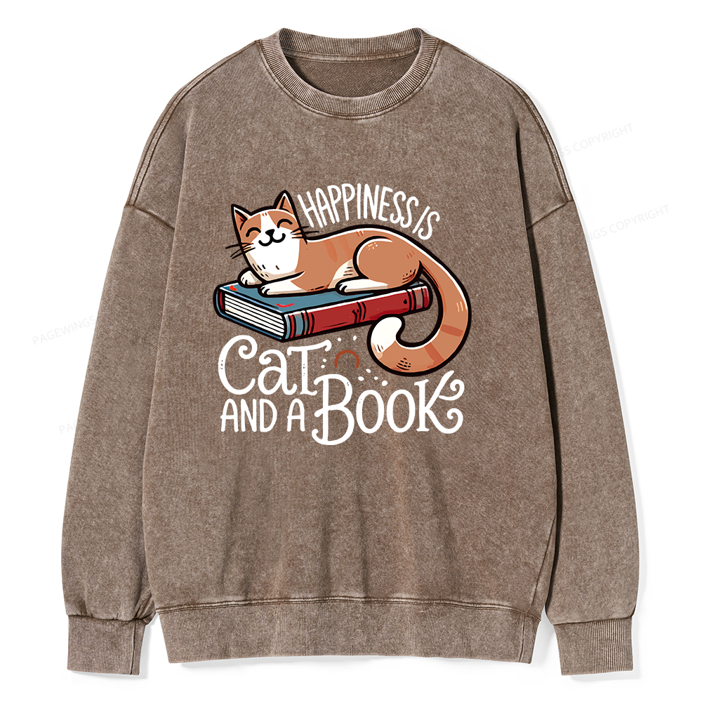 Pagewings Happiness Is A Cat And A Book Unisex Washed Sweatshirt