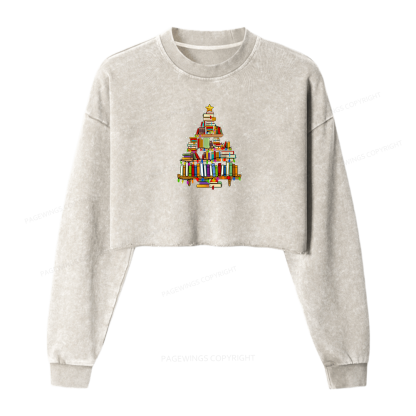Pagewings Christmas Books Tree Women Washed Crop Sweatshirt