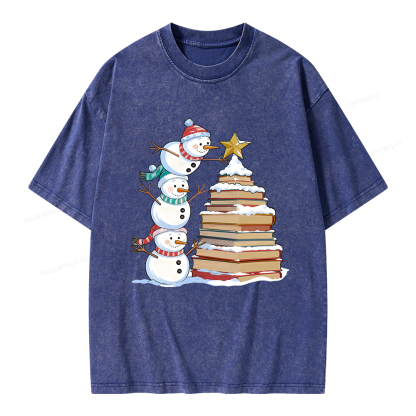 Pagewings Christmas Snowman Books Tree Unisex Washed T-shirt