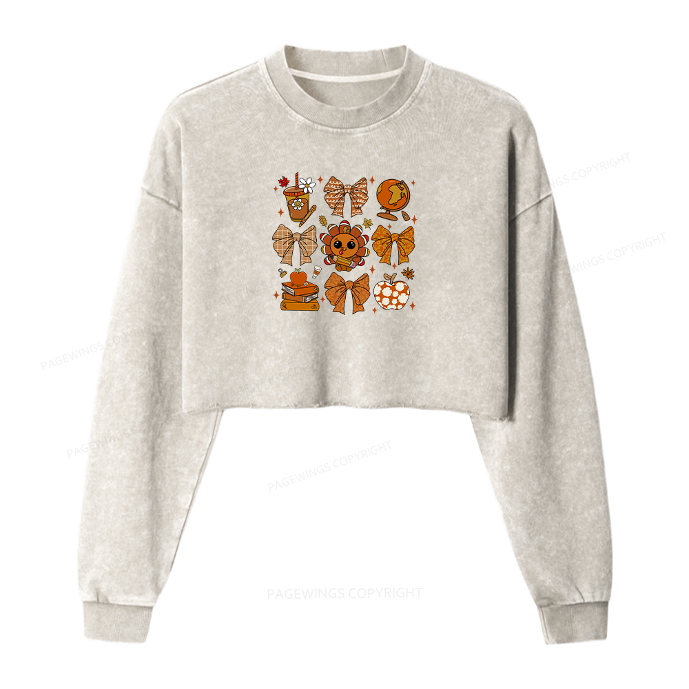 Pagewings Thanksgiving Fall Autumn Women Washed Crop Sweatshirt