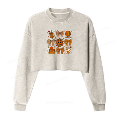 Pagewings Thanksgiving Fall Autumn Women Washed Crop Sweatshirt