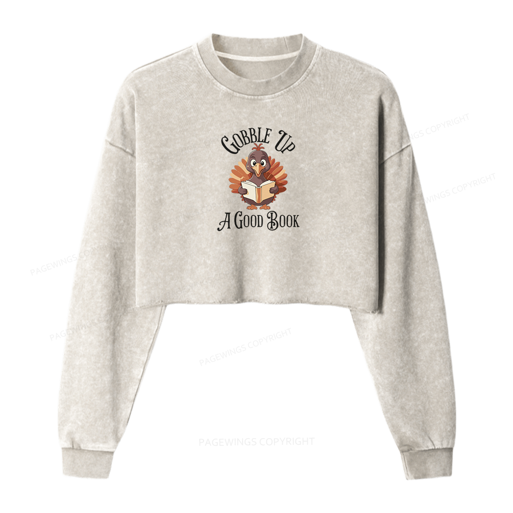 Pagewings Thanksgiving A Good Book Women Washed Crop Sweatshirt