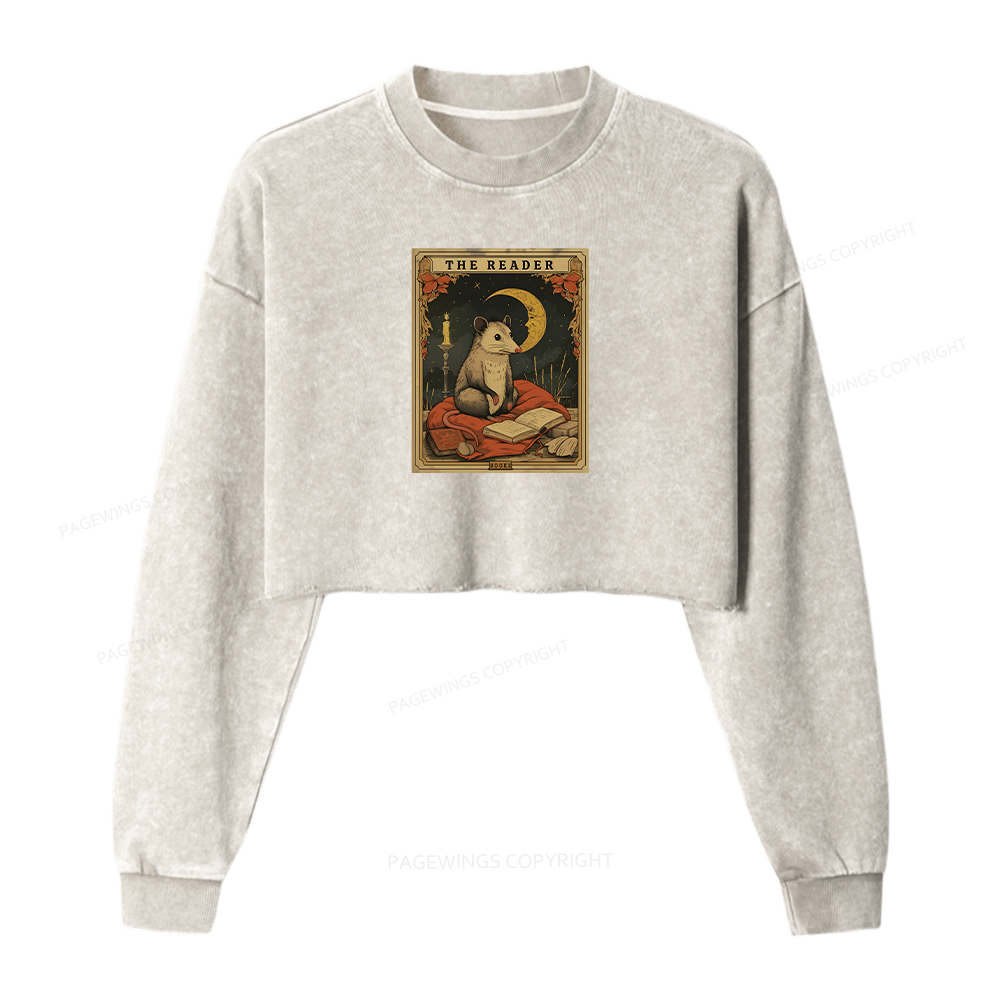 Pagewings The Reader Opossum Tarot Card Women Washed Crop Sweatshirt