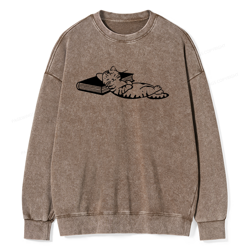 Pagewings A Cat Sleeping On The Book Unisex Washed Sweatshirt