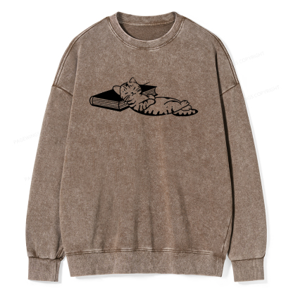 Pagewings A Cat Sleeping On The Book Unisex Washed Sweatshirt