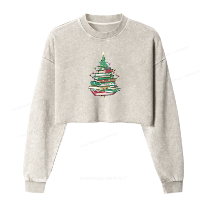 Pagewings Christmas Book Tree Women Washed Crop Sweatshirt