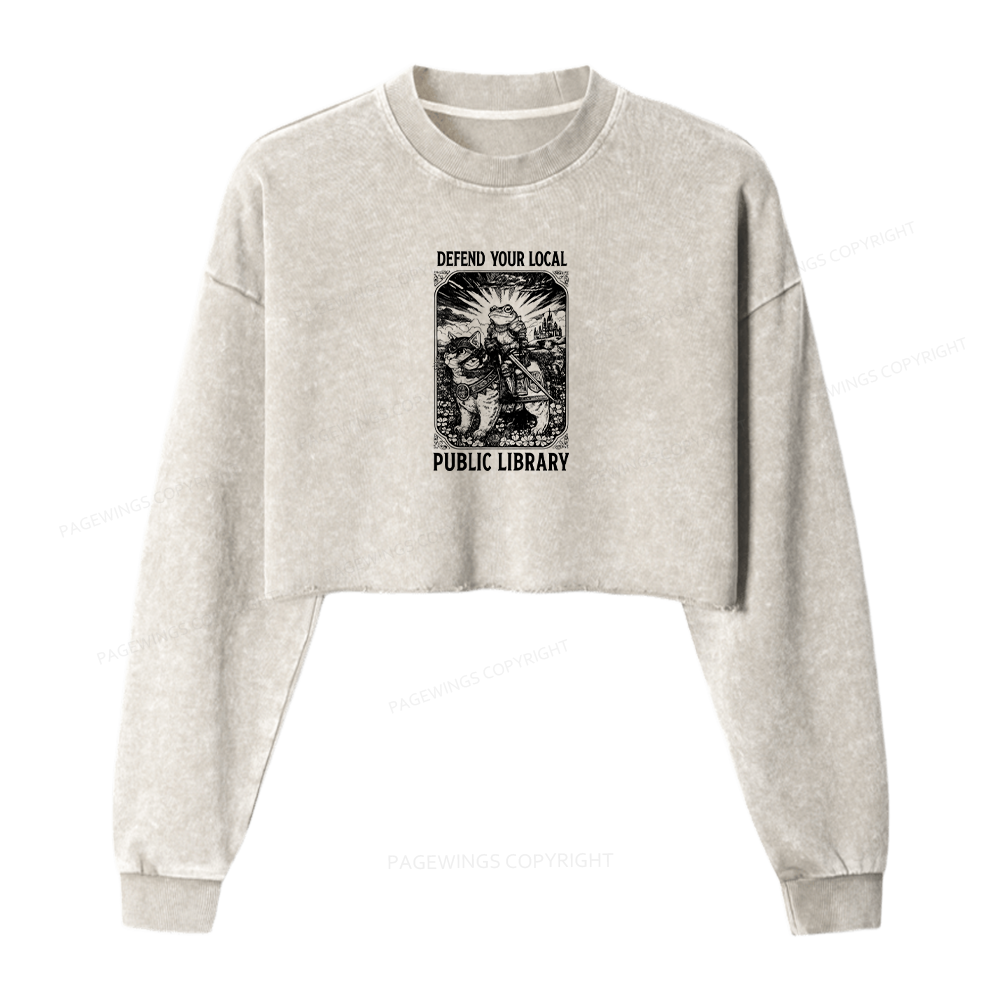 Pagewings Defend Your Local Public Library Women Washed Crop Sweatshirt