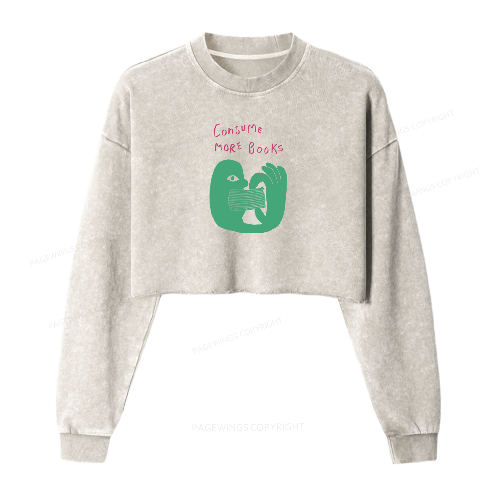 Pagewings Consume More Books Women Washed Crop Sweatshirt