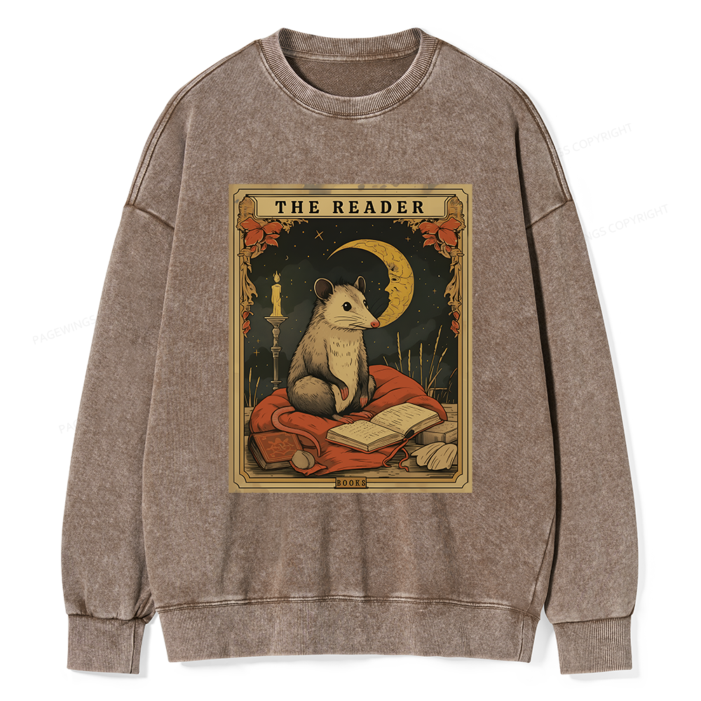 Pagewings The Reader Opossum Tarot Card Unisex Washed Sweatshirt