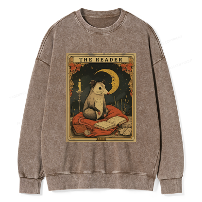 Pagewings The Reader Opossum Tarot Card Unisex Washed Sweatshirt