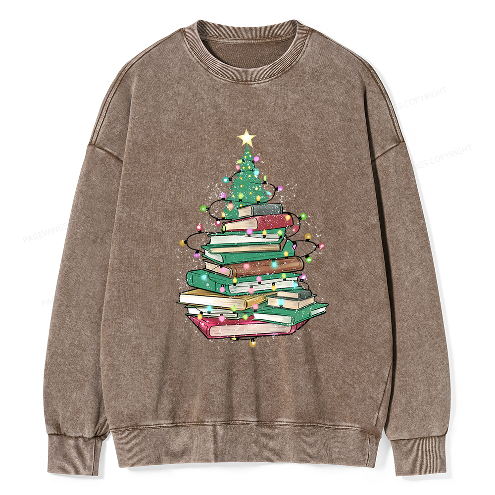 Pagewings Christmas Book Tree Unisex Washed Sweatshirt