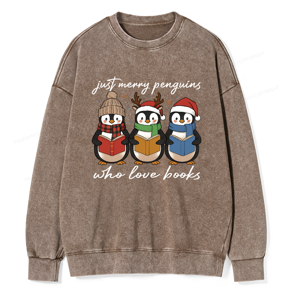Pagewings Just Merry Penguins Who Love Books Unisex Washed Sweatshirt