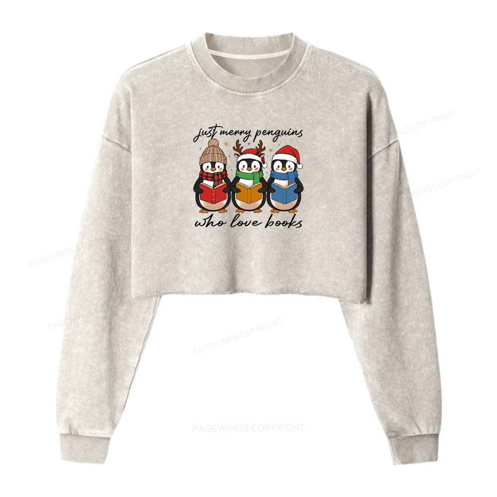 Pagewings Just Merry Penguins Who Love Books Women Washed Crop Sweatshirt