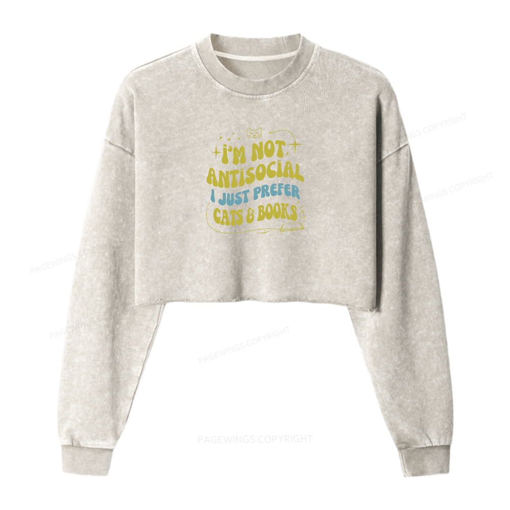 Pagewings I'm Not Antisocial I Just Prefer Cats And Books Women Washed Crop Sweatshirt