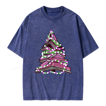 Pagewings Bookish Christmas Tree Unisex Washed T-shirt