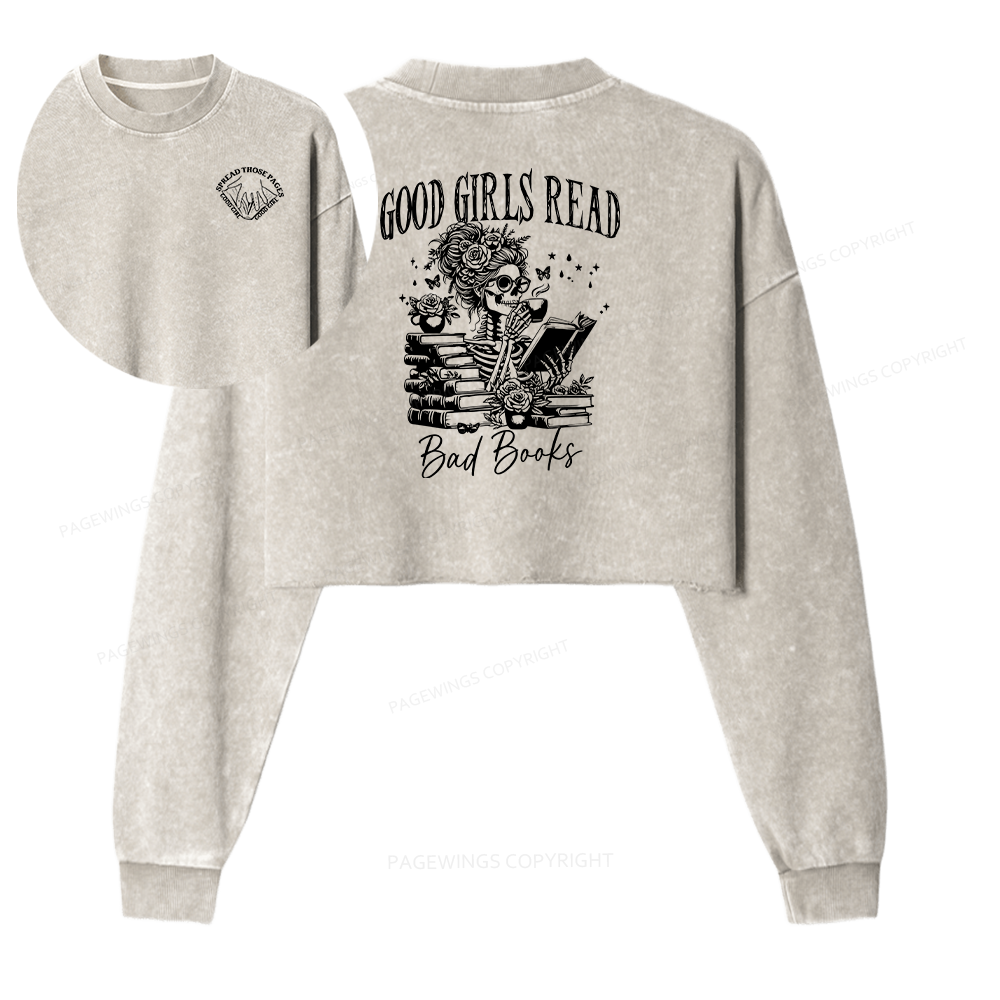 Pagewings Good Girls Read Bad Books Women Washed Crop Sweatshirt
