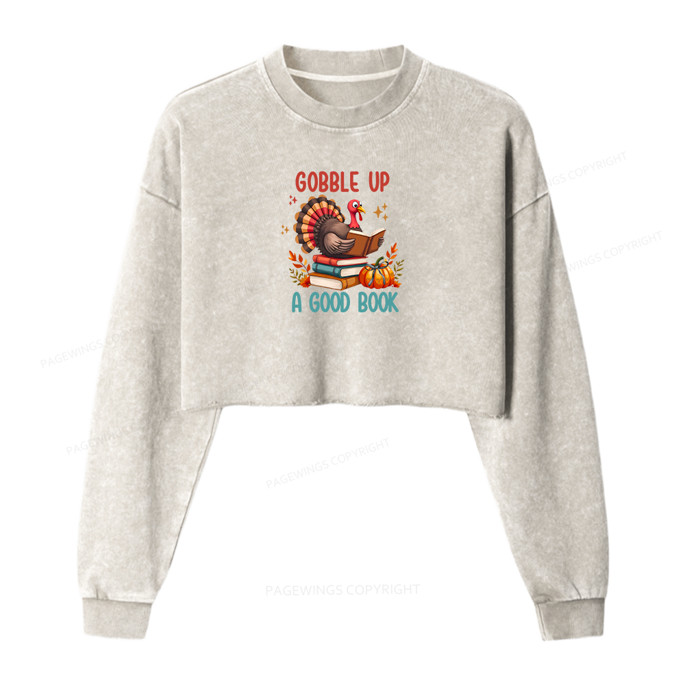 Pagewings Thanksgiving Turkey Reading Women Washed Crop Sweatshirt