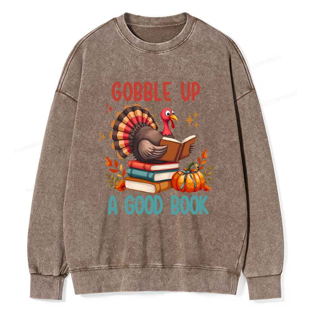 Pagewings Thanksgiving Turkey Reading Unisex Washed Sweatshirt