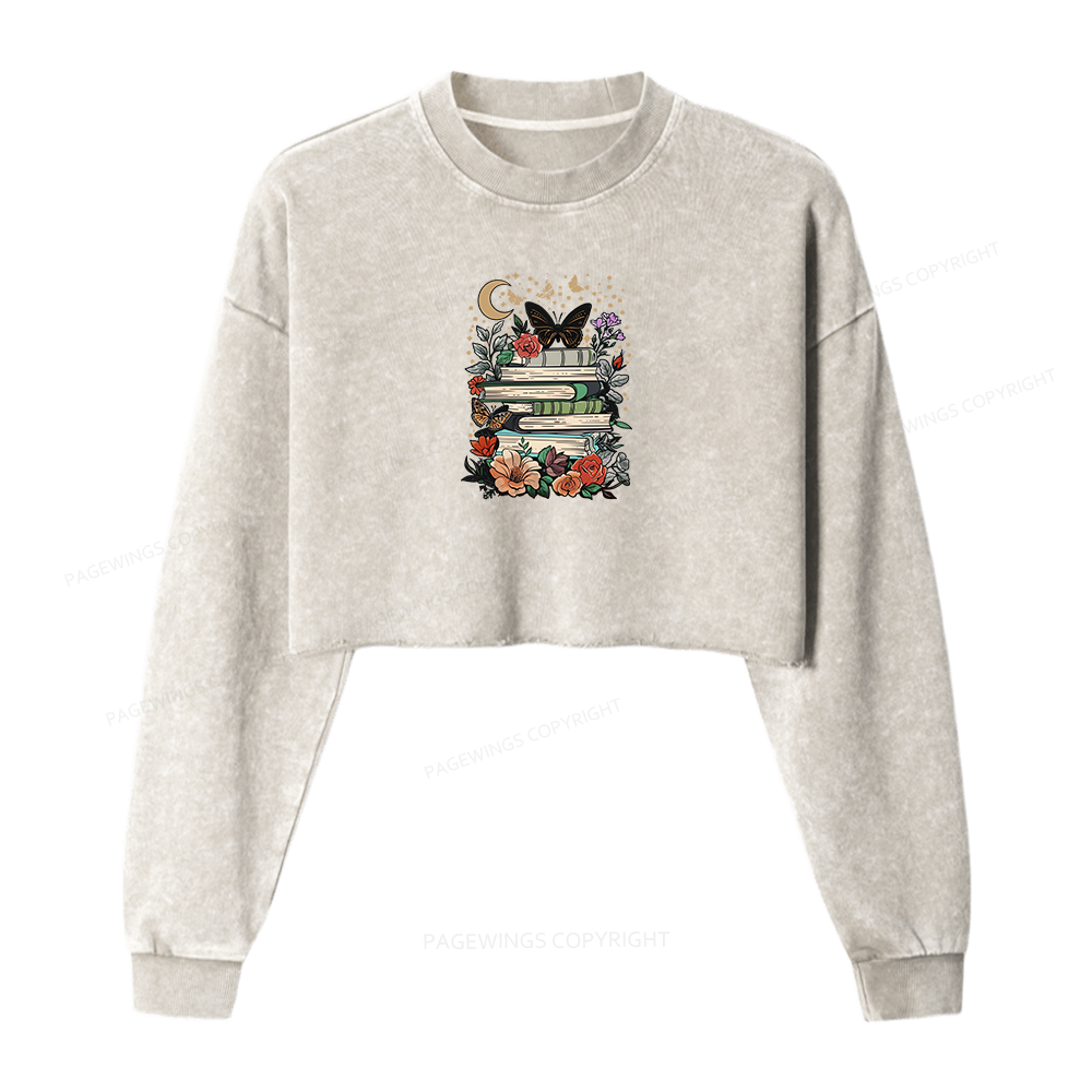 Pagewings Reading Books Stay Weird Women Washed Crop Sweatshirt