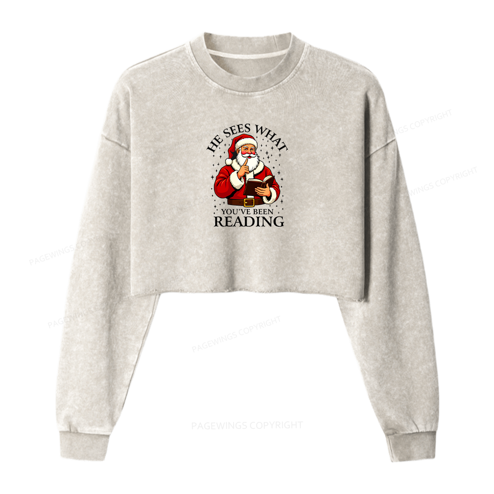 Pagewings He Sees What You've Been Reading Women Washed Crop Sweatshirt