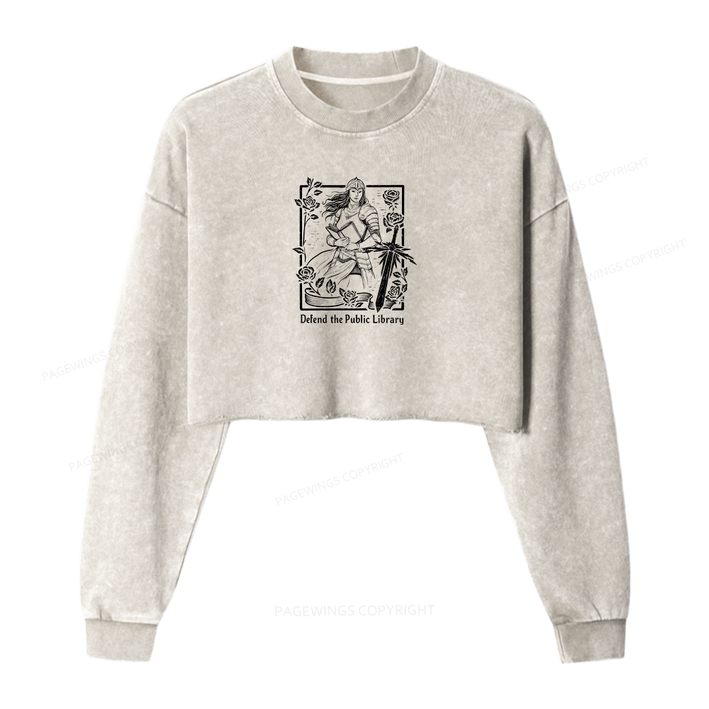 Pagewings Defend The Public Library Women Washed Crop Sweatshirt