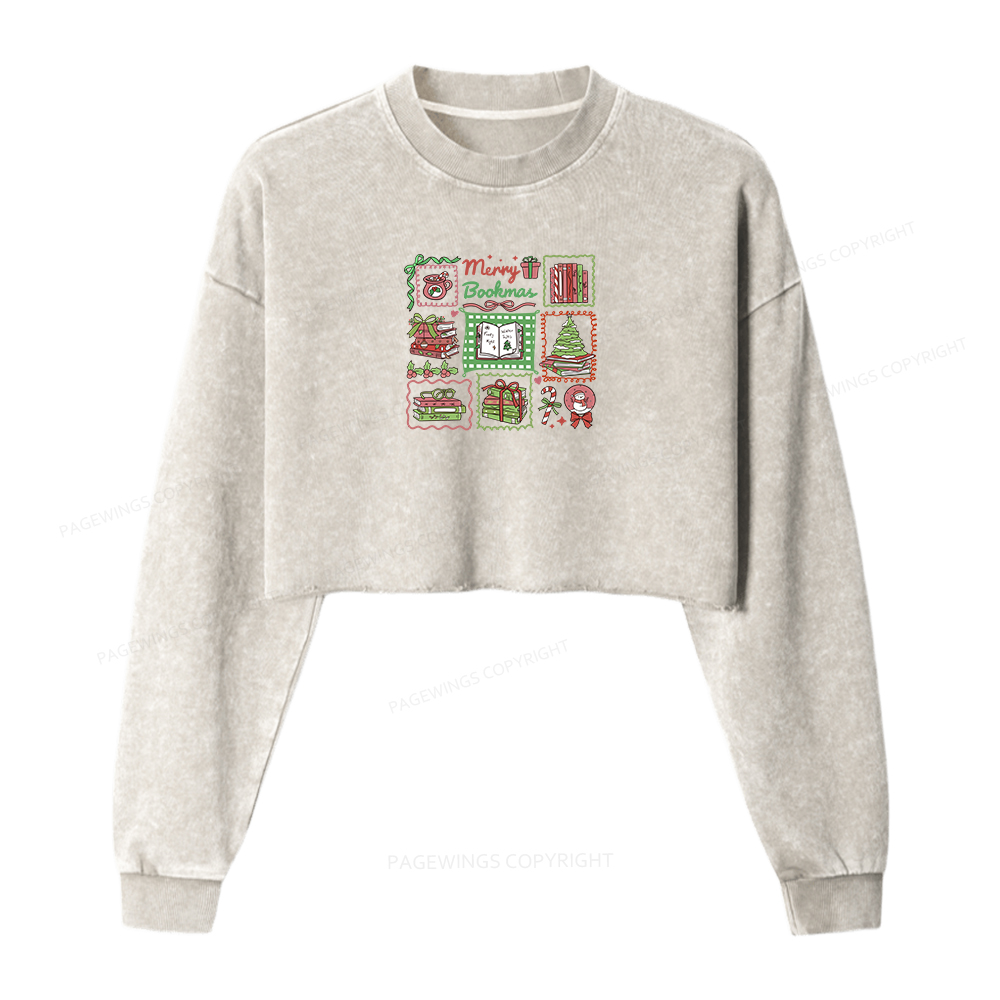 Pagewings Christmas Book Women Washed Crop Sweatshirt