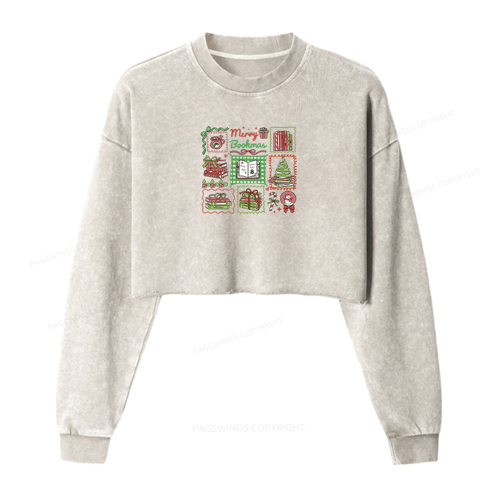 Pagewings Christmas Book Women Washed Crop Sweatshirt