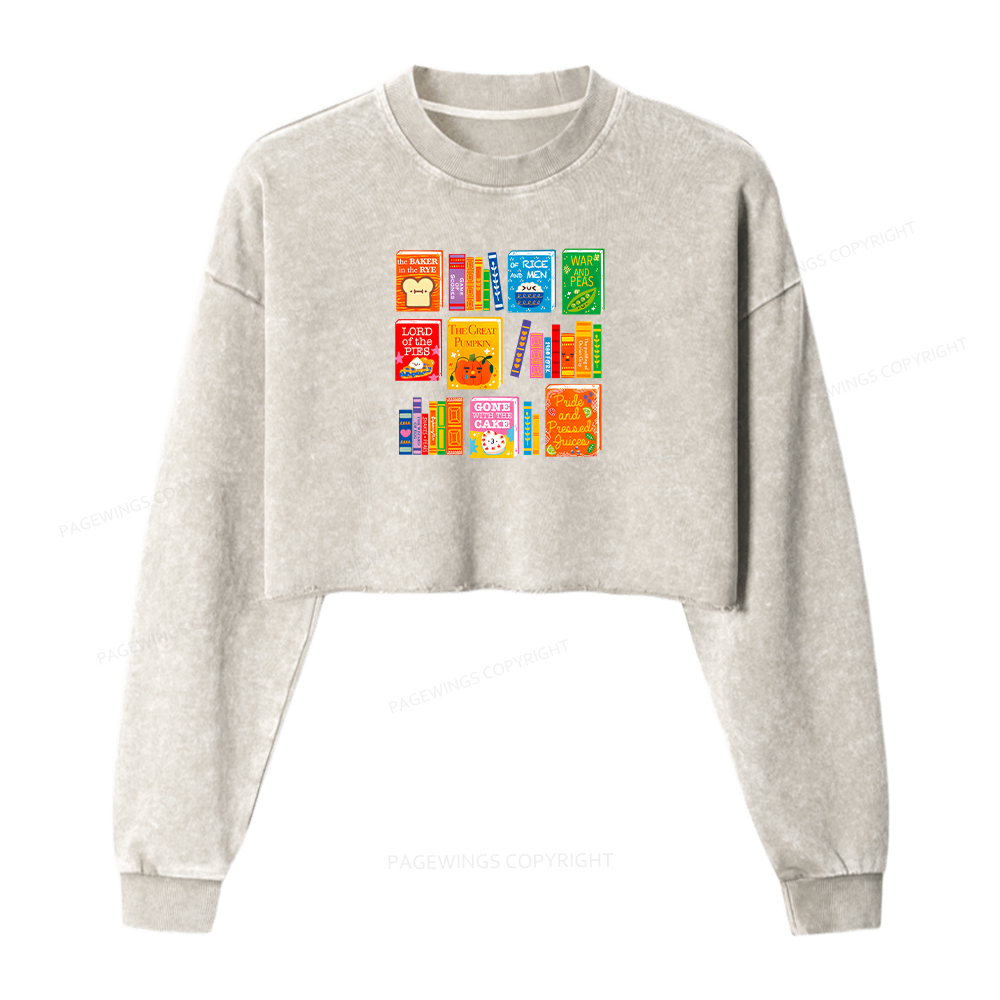 Pagewings Punny Books Women Washed Crop Sweatshirt