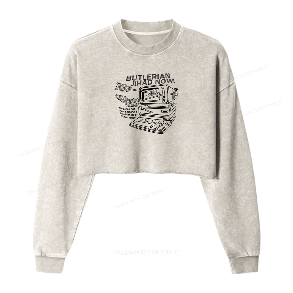 Pagewings Butlerian Jihad Now Women Washed Crop Sweatshirt