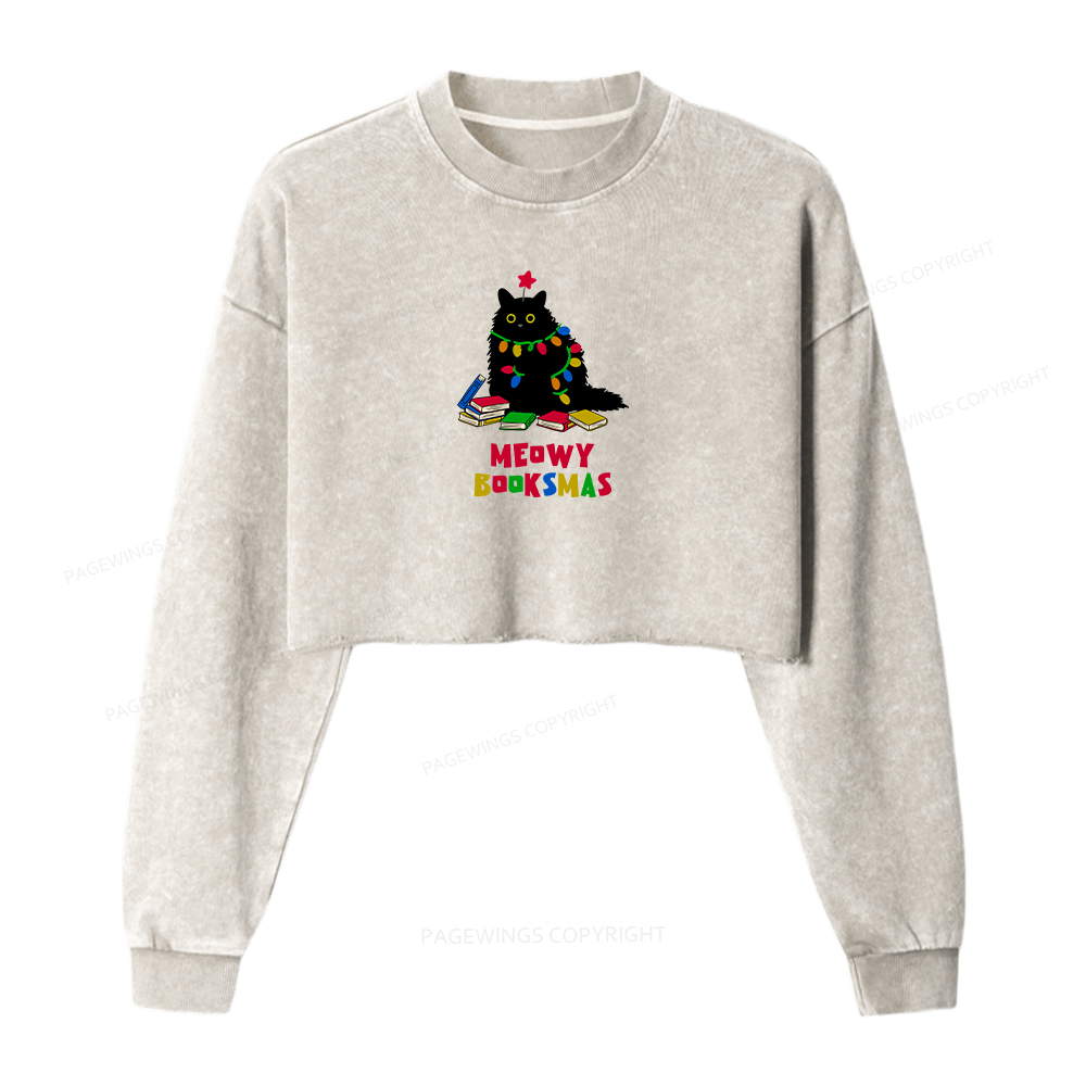 Pagewings Meowy Booksmas Women Washed Crop Sweatshirt