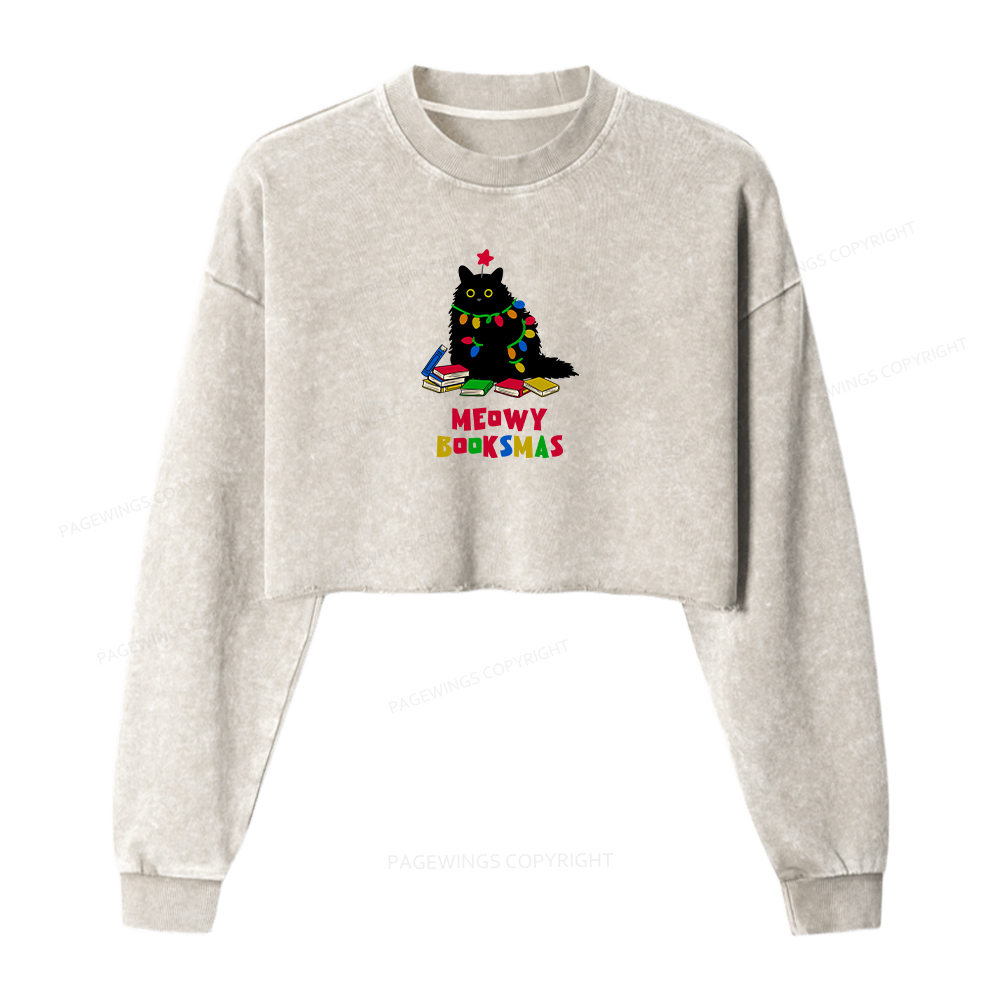 Pagewings Meowy Booksmas Women Washed Crop Sweatshirt